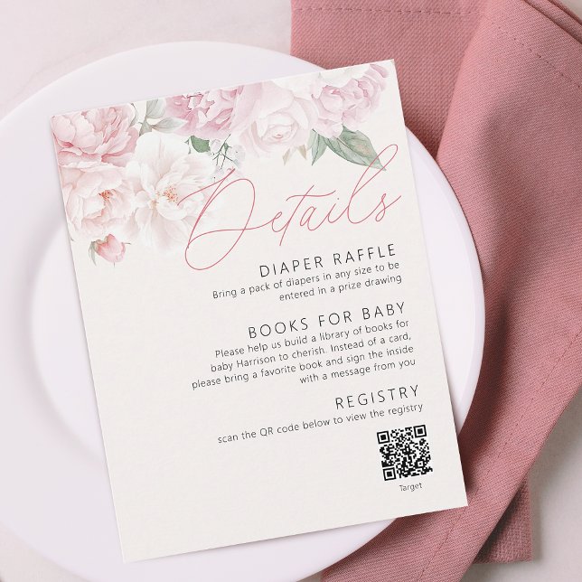 Carte D'accompagnement Elegant Peonies Girl Détails du Baby shower QR Cod (Elegant Peonies Girl Baby Shower Details QR Code Enclosure Card)