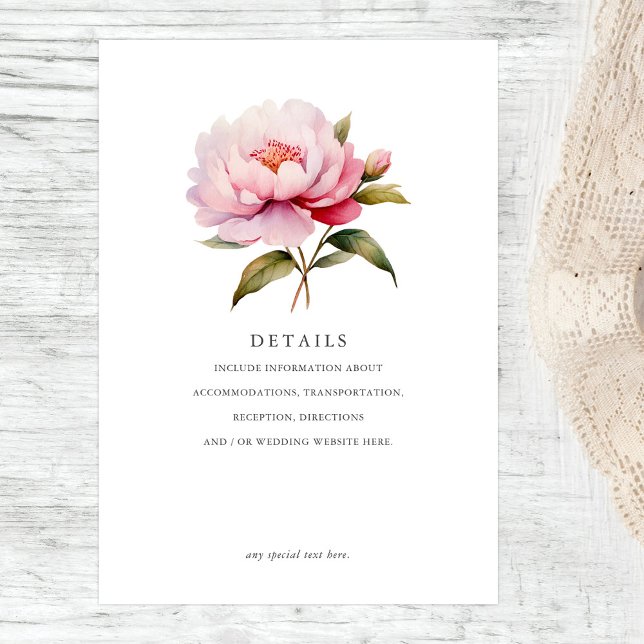 Carte D'accompagnement Elegant Peony Magnolia rose Floral Détails du Mari (Créateur téléchargé)
