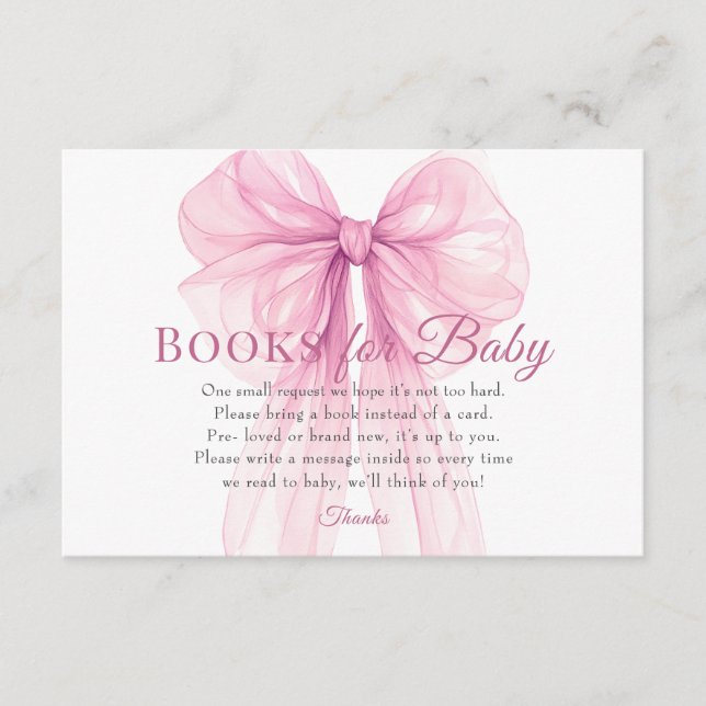 Carte D'accompagnement Elegant Pink Bow Books for Baby Request Card (Devant)
