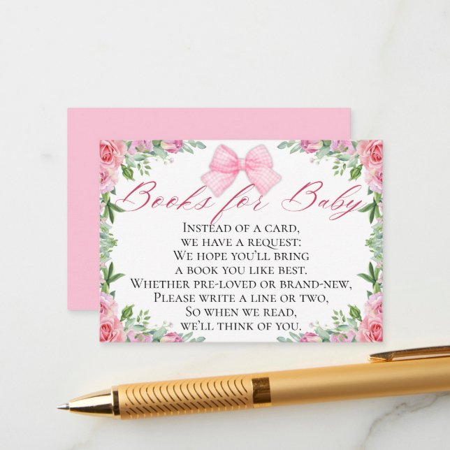 Carte D'accompagnement Elégant Pink Bow & Rose Coquette Livres pour bébé (Devant/Arrière en situation)