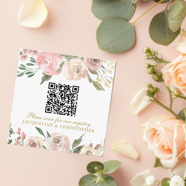 Carte D'accompagnement Élégant Pink Gold Floral Mariage Registre QR Code (Créateur téléchargé)