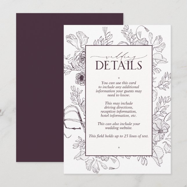 Carte D'accompagnement Élégant Plum violet Mariage Floral Détails (Devant / Derrière)