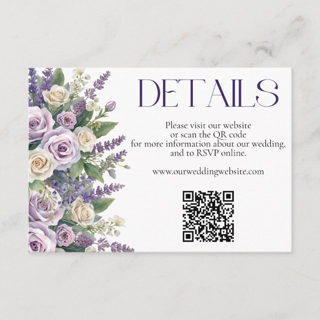 Carte D'accompagnement Elegant Purple Lavender Roses Wedding Website QR (Devant)