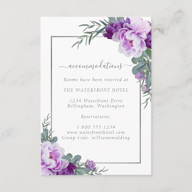 Carte D'accompagnement Elegant Purple & Silver Floral Détails du Mariage (Devant)