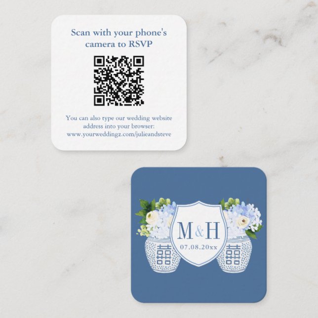 Carte D'accompagnement Elégant QR Code Bleu Blanc Mariage RSVP (Devant / Derrière)
