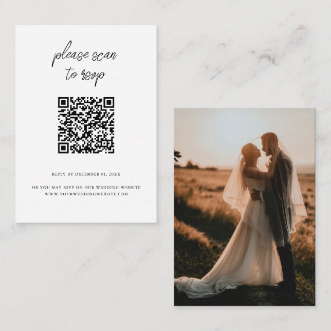 Carte D'accompagnement Elégant QR Code photo Mariage blanc RSVP (Devant / Derrière)
