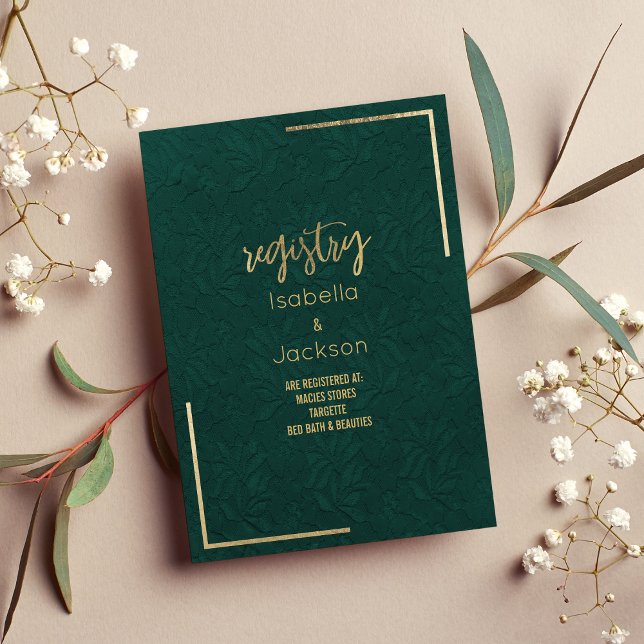 Carte D'accompagnement Élégant registre de dentelle fleurie en or vert de (Elegant forest green gold floral lace Registry Enclosure)