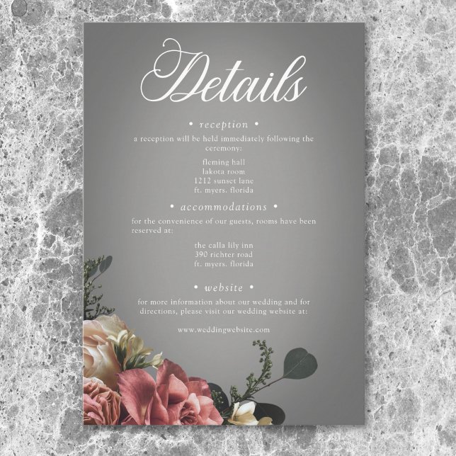 Carte D'accompagnement Élégant rose blanc Rose gris Mariage (Elegant Pink White Floral Roses Gray Wedding Enclosure Card)