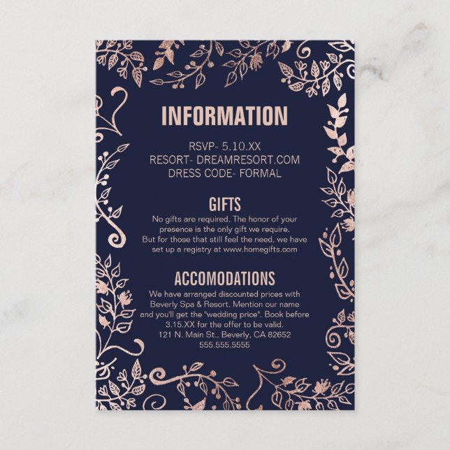 Carte D'accompagnement Elégant Rose bleu marine Gold Floral Mariage Info (Devant)