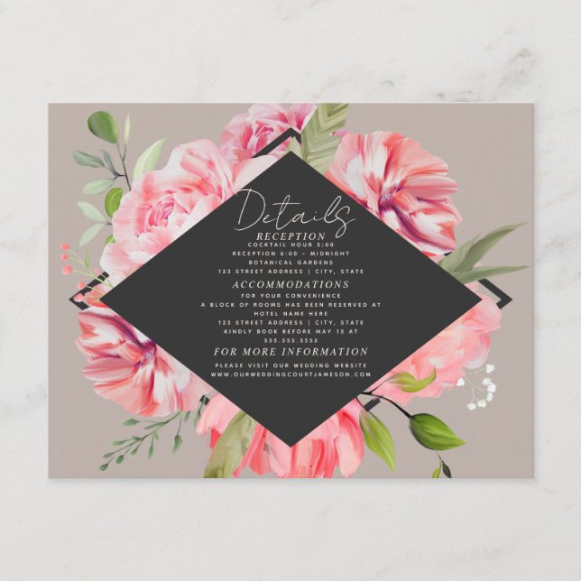 Carte D'accompagnement Elégant rose Floral Grey Mariage Détails de la réc (Devant)