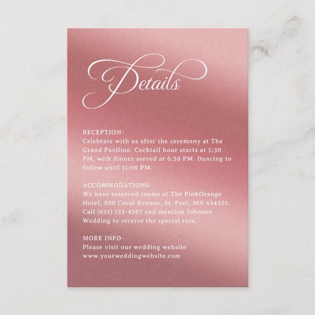 Carte D'accompagnement Elegant Rose Gold Modern Wedding Details (Devant)
