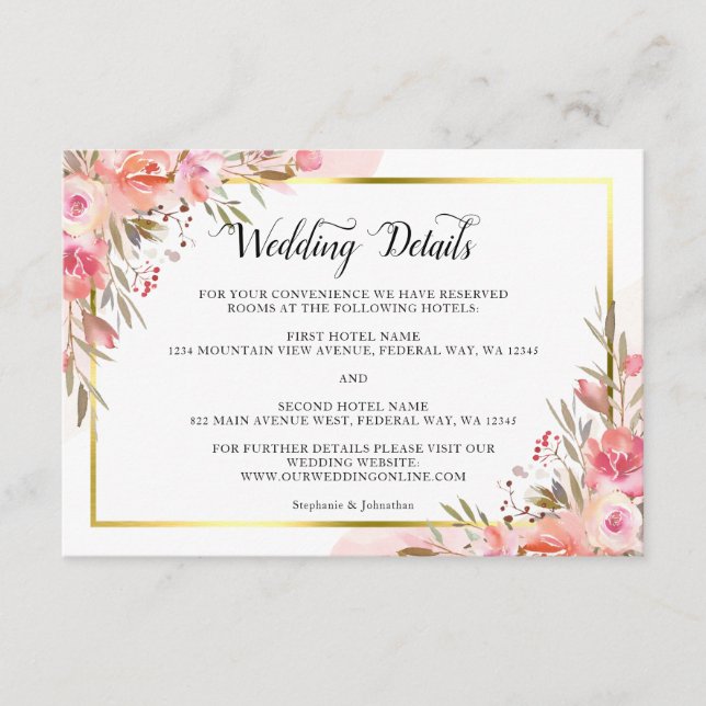 Carte D'accompagnement Elégant rose Peach Floral Aquarelle Détails Or (Devant)