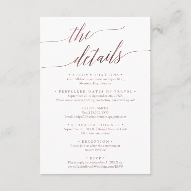 Carte D'accompagnement Elegant RoseGold Destination Wedding Détail du voy (Devant)