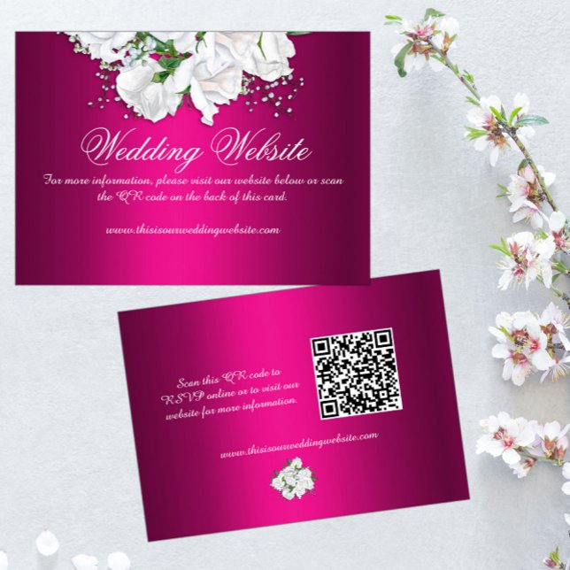 Carte D'accompagnement Elégant Roses Blanches, Fuchsia Mariage site (Créateur téléchargé)