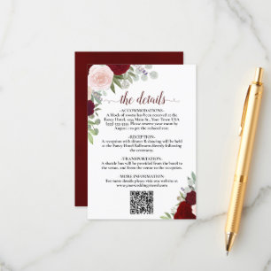 Carte D'accompagnement Elegant Rouge & Rose Roses Détails du Mariage QR C