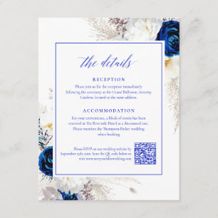 Carte D'accompagnement Elégant Royal Blue Flowers Détails RSVP QR Code
