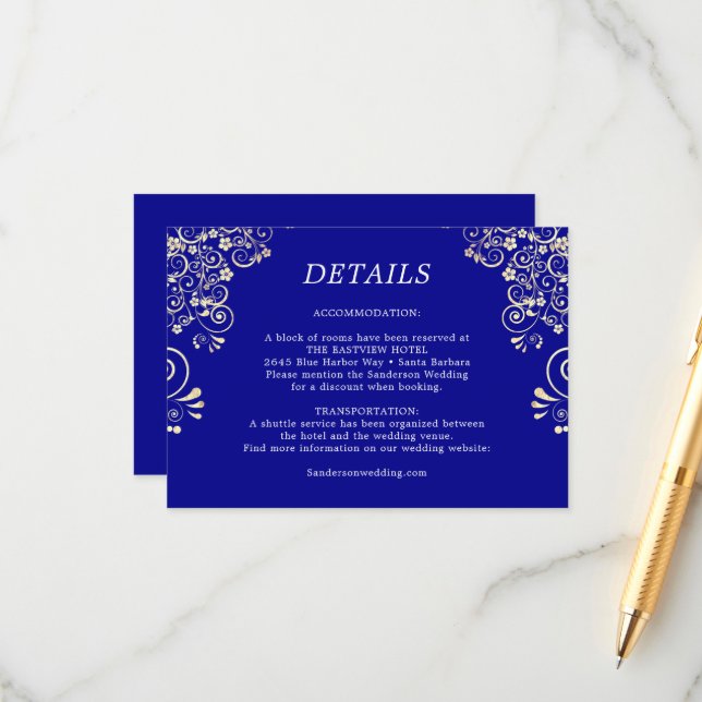 Carte D'accompagnement Elégant Royal Blue Gold Détails du Mariage (Devant/Arrière en situation)