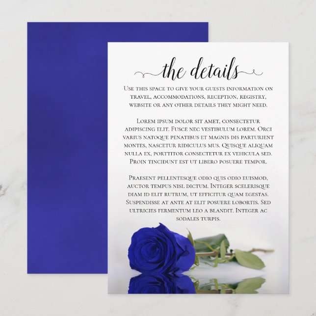 Carte D'accompagnement Elégant Royal Blue Reflet Rose Détails du Mariage (Devant / Derrière)