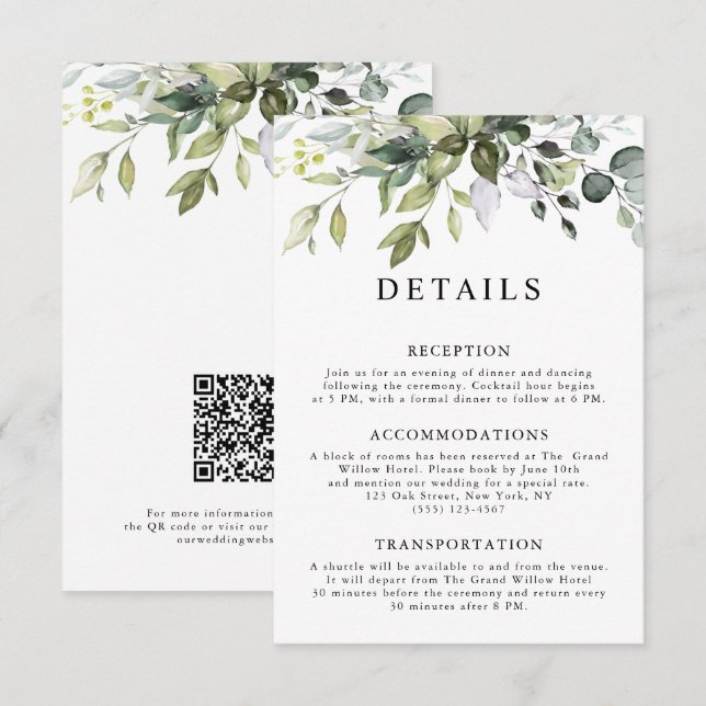 Carte D'accompagnement Élégant Rustique Mariage Code QR Feuilles d'Eucaly (Devant / Derrière)