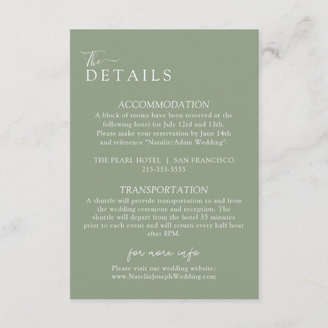 Carte D'accompagnement Elegant Sage Green Boho Modern Mariage Détails (Devant)