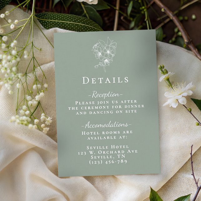 Carte D'accompagnement Elegant Sage Green Botanical Wedding Details (Elegant Sage Green Botanical Wedding Details Enclosure Card)