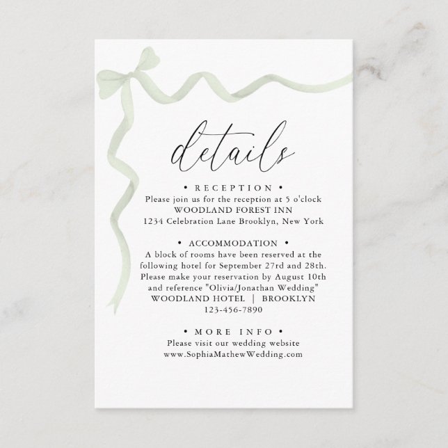 Carte D'accompagnement Elegant Sage Green Bow Monogram Wedding Details (Devant)