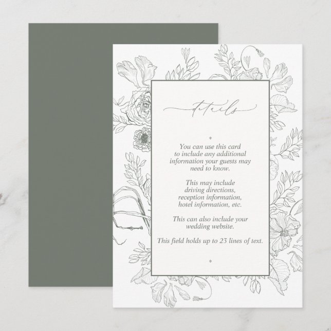Carte D'accompagnement Elegant Sage Green Floral Line Art Mariage Détails (Devant / Derrière)
