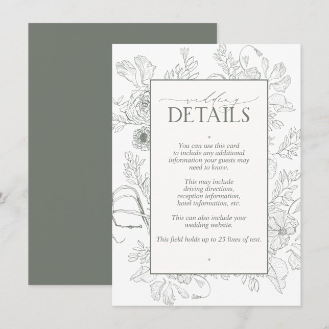 Carte D'accompagnement Elegant Sage Green Floral Line Art Mariage Détails (Devant / Derrière)