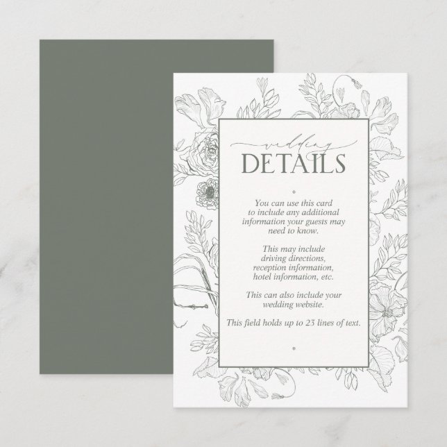 Carte D'accompagnement Elegant Sage Green Floral Line Art Mariage Détails (Devant / Derrière)