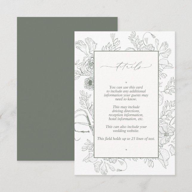 Carte D'accompagnement Elegant Sage Green Floral Line Art Mariage Détails (Devant / Derrière)