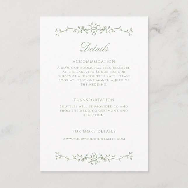 Carte D'accompagnement Elegant Sage Green Line Art Détails Mariage (Devant)