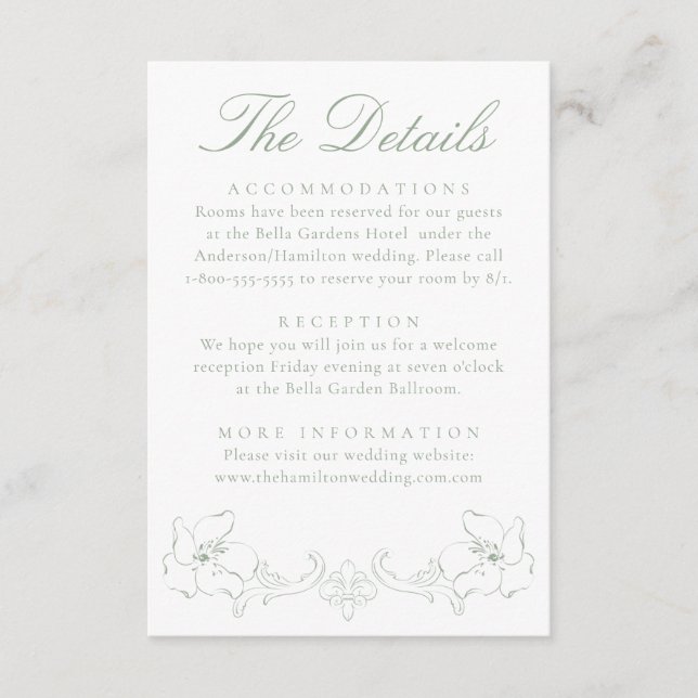 Carte D'accompagnement Elegant Sage Green Ornate Floral Wedding Details (Devant)