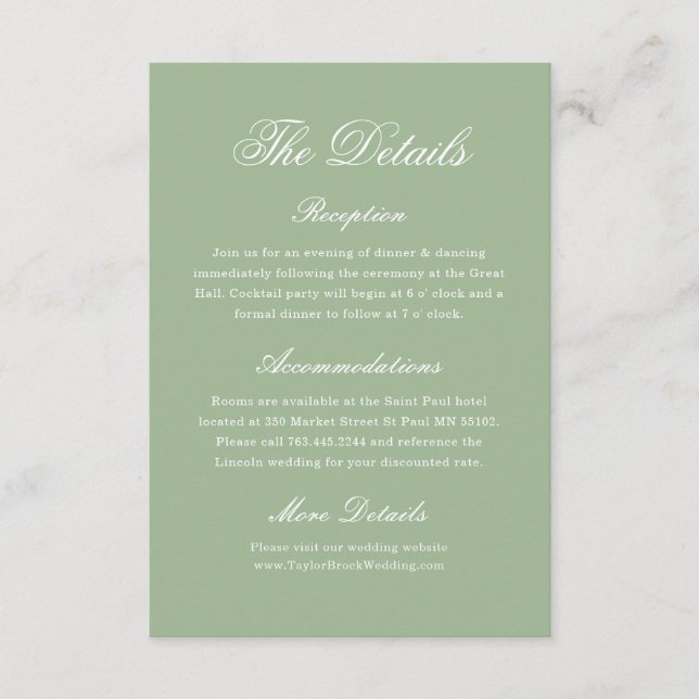 Carte D'accompagnement Elegant Sage Green Wedding Details Tradition (Devant)