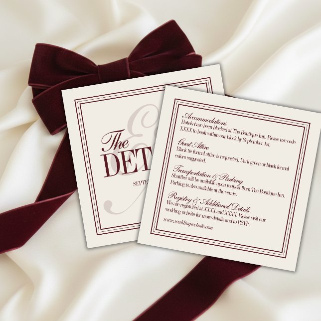 Carte D'accompagnement Elegant Script Burgundy Red Formal Wedding Details (Elegant Script Burgundy Red Formal Wedding Details Enclosure Card)