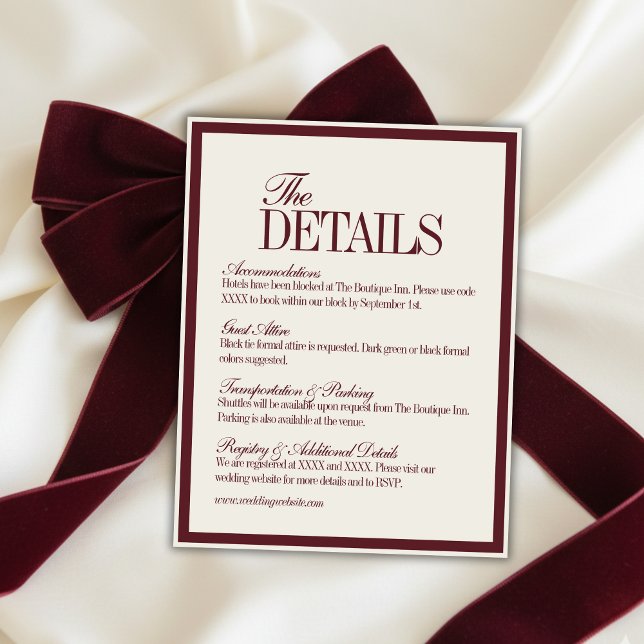 Carte D'accompagnement Elegant Script Burgundy Red Formal Wedding Details (Elegant Script Burgundy Red Formal Wedding Details Enclosure Card)