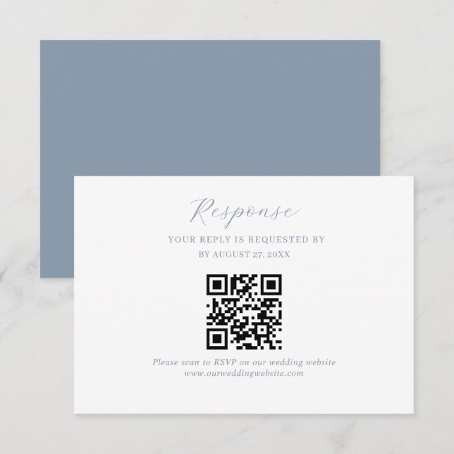 Carte D'accompagnement Élégant Script Dusty Blue Mariage QR Code Rsvp (Devant / Derrière)