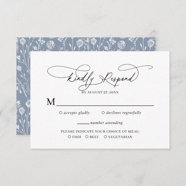 Carte D'accompagnement Élégant Script Floral Dusty Blue Wedding Rsvp (Devant / Derrière)