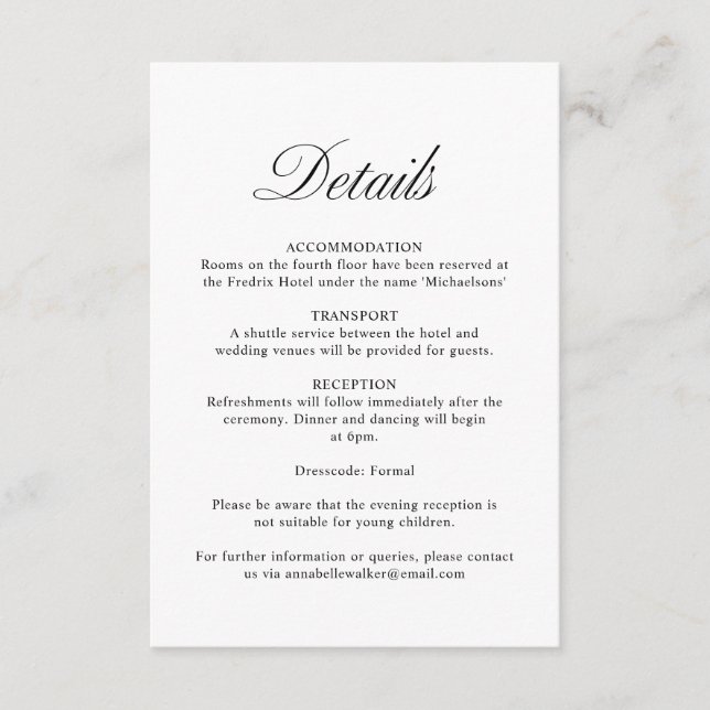 Carte D'accompagnement Élégant Script Formal White Mariage Détails (Devant)