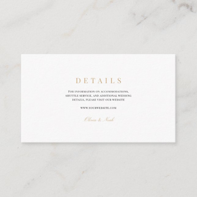 Carte D'accompagnement Elegant Script Gold & White Mariage Détails (Devant)