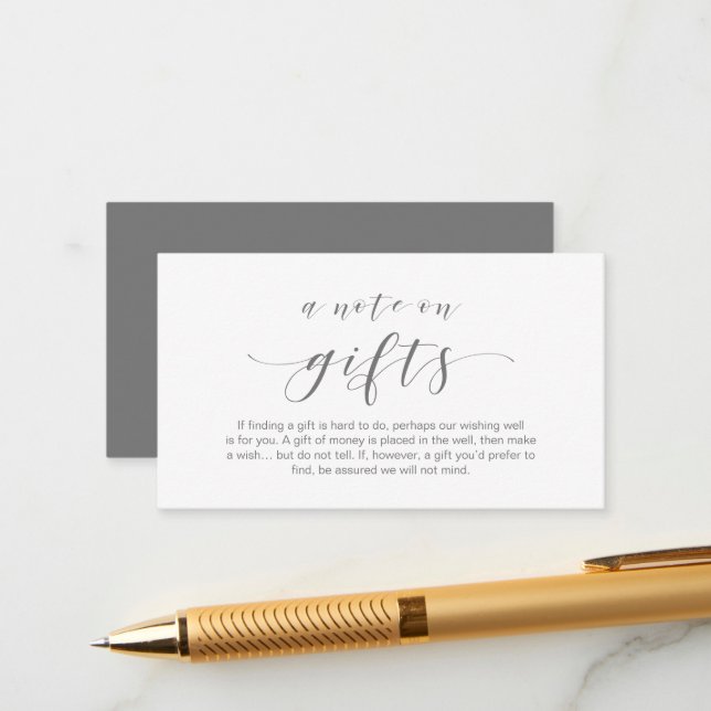 Carte D'accompagnement Élégant script minimal, Un mot sur les cadeaux (Devant/Arrière en situation)