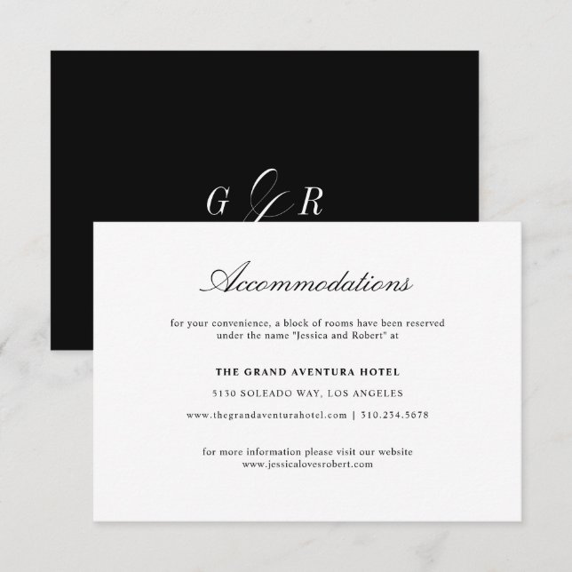 Carte D'accompagnement Élégant Script noir blanc Mariage Hébergements (Devant / Derrière)