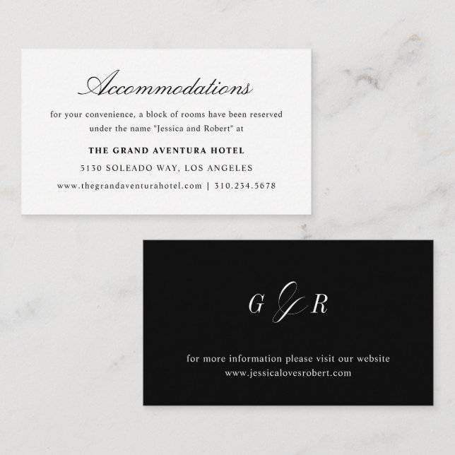 Carte D'accompagnement Élégant Script noir blanc Mariage Hébergements (Devant / Derrière)