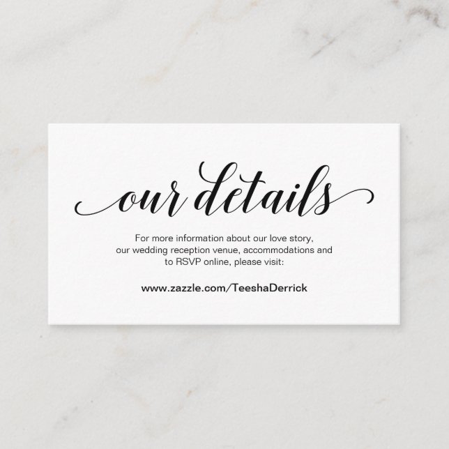 Carte D'accompagnement Élégant script noir, détails Mariage, RSVP en lign (Devant)