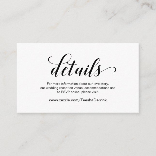 Carte D'accompagnement Élégant script noir, détails Mariages, RSVP en lig (Devant)