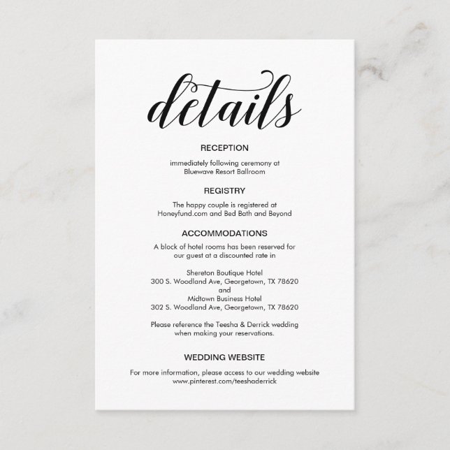 Carte D'accompagnement Élégant script noir, informations sur le Mariage (Devant)