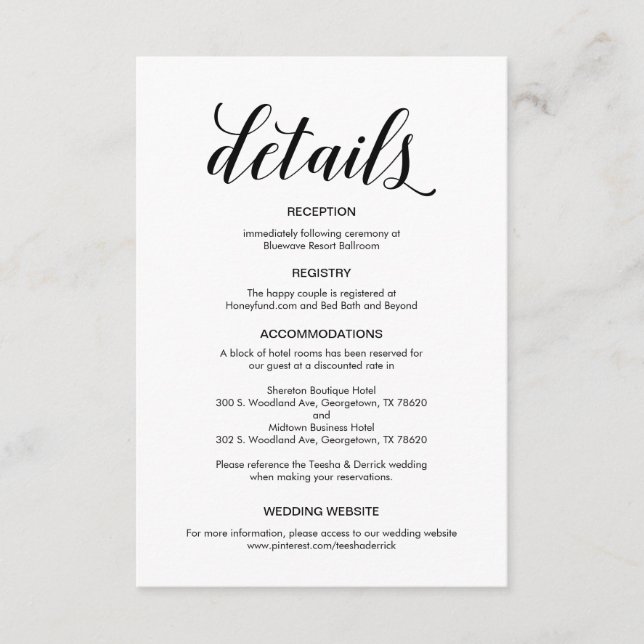 Carte D'accompagnement Élégant script noir, informations sur le Mariage (Devant)