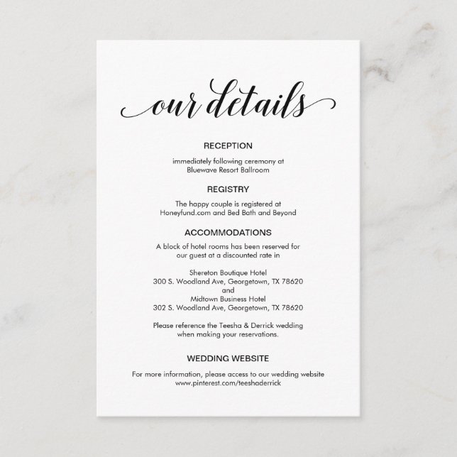 Carte D'accompagnement Élégant script noir, informations sur le Mariage (Devant)