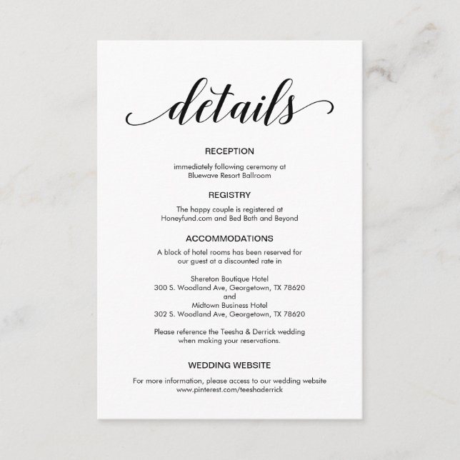 Carte D'accompagnement Élégant script noir, informations sur le Mariage (Devant)