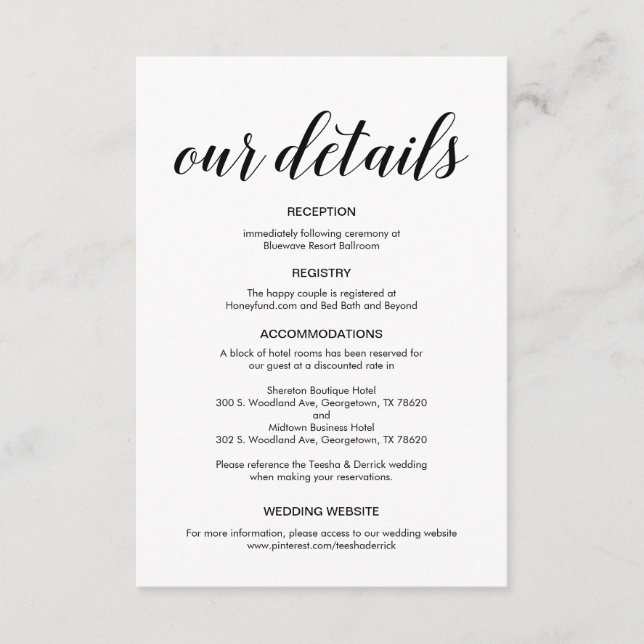 Carte D'accompagnement Élégant script noir, informations sur le Mariage (Devant)