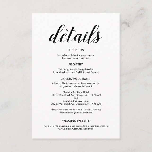 Carte D'accompagnement Élégant script noir, informations sur le Mariage (Devant)